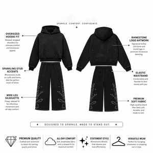 Ensemble de survêtement personnalisé noir à strass pour femme, sweat à capuche court et pantalon large, deux pièces scintillantes - Product Image 3