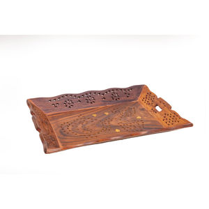 Plateau de service marocain en bois fait main avec poignées en corde, motif floral bleu et marron vintage, décoration décorative pour la maison - Product Image 3