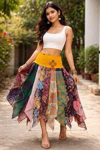 Bohemian <b>Patchwork</b> Ankle-Length <b>Skirt</b> for Women Handmade Saree Silk Festival Hippie Gypsy Summer Beach Wear - Product Image 4