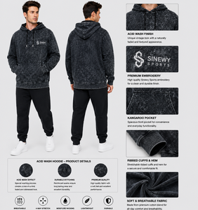 Sudadera con capucha para hombre SINEWY SPORTS, lavado ácido, con cremallera, corte holgado, logo bordado, bolsillo canguro, informal, transpirable, 100% algodón - Product Image 2