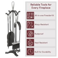 Ensemble d'outils de cheminée en fer forgé noir et laiton avec support, pioche, pinces, brosse, pelle pour poêle à bois, foyer, accessoires de cheminée