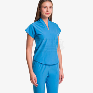 Women Blue Scrub Set Short Sleeve V-Neck Top And Pants Polyester Woven Hospital Uniform For Medical Staff - Product Image 2