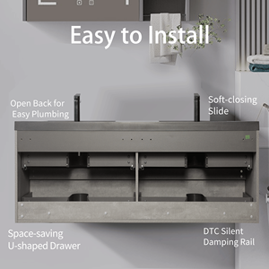 Mobile bagno moderno sospeso da 60 pollici con doppio lavabo in quarzo nero e mobiletto contenitore a parete - Product Image 6