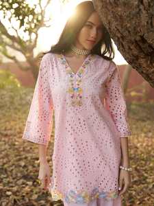 Salwar Kameez Rosa de Algodón Bordado, Ropa Tradicional Musulmana, Túnica con Bordado Floral, Pantalones Anchos para Fiesta de Noche - Product Image 6