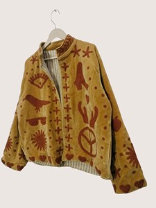 Manteau Bohème en Velours Brodé Col Montant Manches Longues Grande Taille Automne Décontracté Motif Géométrique Fermeture Éclair - Product Image 2