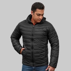Chaqueta Acolchada Negra para Hombre, Cuello Alto, Cierre de Cremallera, Resistente al Viento, Informal, Invierno, Color Sólido, Relleno de Poliéster, Corte Regular - Product Image 3