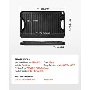 Padella Rettangolare Portatile 14x8.5 Pollici con Manico, Pretrattata, Reversibile, per Grigliare/Grigliare su Piastra, Utensile da Cucina in Ghisa per Famiglie, per Esterni - Product Image 3