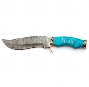 Couteau utilitaire d'extérieur artisanal en acier Damas avec manche en pierre turquoise et garde en laiton, outil de travail manuel - Product Image 2