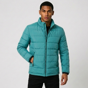 Men's Quilted Puffer <b>Jacket</b> Stand Collar Full Zip Windproof Winter Casual Coat Solid Color Lightweight Warm Insulated Outerwear - Product Image 3