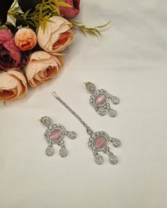 Designer Rhodium Plated Oval Cut CZ Stone <b>Necklace</b> <b>Set</b> With <b>Earrings</b> & Mangtika For Women Ethnic Fashion Jewellery <b>Set</b> Wholesale - Product Image 6