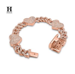 Custom <b>Iced</b> <b>Out</b> Miami Cuban Link Bracelet with Heart Charms - Luxury Rose Gold Finish Paved Jewelry - Product Image 1