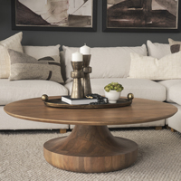 Table basse moderne pour la maison, en bois de manguier massif, de forme ronde, avec base sur piédestal, finition brun clair