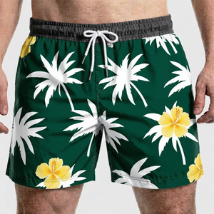 Bañadores de secado rápido para hombre con estampado de palmeras verdes y flores amarillas, cintura media, cordón ajustable, pantalones cortos casuales de tela tejida - Product Image 1