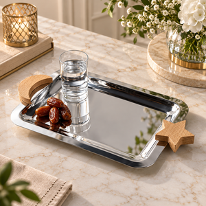Star Accent Stainless Steel <b>Serving</b> <b>Tray</b> with Wooden Handles for Snack | Rectangular Silver Platter for Dining Table and <b>Parties</b> - Product Image 3