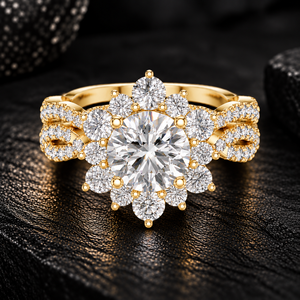 Bague en or massif 14 carats avec halo floral torsadé pavé de diamants de laboratoire taille ronde 2,30 carats DEF VVS certifiée IGI, ensemble de bijoux de mariée ODM - Product Image 1