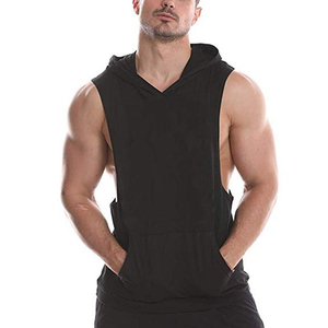 KHILAN INDUSTRIES Men's <b>Black</b> Hooded <b>Sequined</b> Sleeveless Tank <b>Top</b> Pockets Sporty Breathable 100% Cotton Woven Solid Color O-Neck - Product Image 1