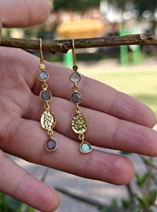 High quality natural labradorite bezel setting drop <b>dangle</b> <b>earring</b> 18k <b>gold</b> plated wholesale fashion jewelry hook style <b>earrings</b> - Product Image 4