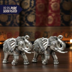 Ensemble de figurines d'éléphant plaquées argent de 5 pouces, statues porte-bonheur Vastu pour la décoration de bureau, la salle de Puja et l'autel - Product Image 4