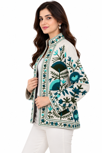 Veste en coton brodée de qualité supérieure, doublure TNT, col montant, fabrication artisanale, veste bomber pour femme - Product Image 2
