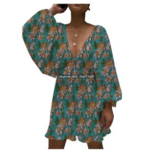 Nuevo Vestido de Verano 2026 para Mujer, Estampado, Colorido, Mini, Cuello en V Profundo, Estilo Linterna, Delgado, Sexy, Casual, para Vacaciones en la Playa, Tejido Ecológico y Natural - Product Image 1
