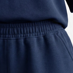 Ensemble 2 pièces en coton tricoté pour femme, haut à col rond et manches courtes, short au-dessus du genou, bleu marine uni, décontracté, printemps-été - Product Image 5