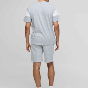 Men's Gray Color Blocking Crew Neck T-Shirt <b>Set</b> Casual Summer <b>Knitted</b> Shorts Breathable 2-Piece Outfit - Product Image 2