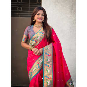 Sari en soie douce rose Swan Rajhans Paithani, robes de soirée élégantes - Product Image 5