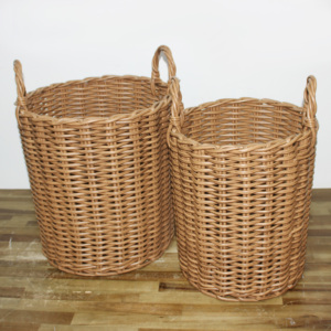 Set of 2 Plastic Natural Rattan Dustproof <b>Stackable</b> Round Woven Handmade Storage <b>Baskets</b> Kitchen Home Organizer - Product Image 4