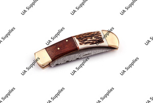 Best Price Damascus Steel <b>Back</b> Lock Folding Knife Stag Horn Rosewood Handle Brass Foldable Tactical <b>Drop</b> Point Survival ODM/ODM - Product Image 5