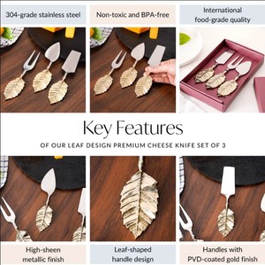 Decorative Cheese <b>Knife</b> Set with Leaf Handle Stainless Steel Cheese Cutter and Cheese Fork for Home Use Dishwasher <b>Safe</b> - Product Image 4