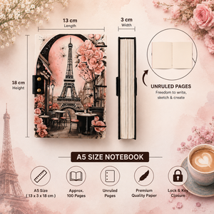 Vintage Eiffel Tower Lock Diary <b>Notebook</b> <b>A5</b> Cardboard Notepad | Handmade Floral Travel Writing 100 Sheets Metal Clasp Closure - Product Image 6