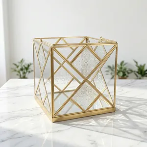 Artisan Design Handmade Geometric <b>Brass</b> <b>Lantern</b> with Mirrored Glass Panels Embossing Home Decoration Votive Holder Model VO951 - Product Image 1