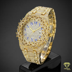 Montre haut de gamme plaquée or avec lunette couronnée, sertie de diamants VVS cultivés en laboratoire, en argent sterling 925, pour homme, style hip-hop. - Product Image 5