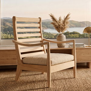 Fauteuil de salon moderne minimaliste en bois massif avec dossier à lattes et rembourrage en mousse et coton, idéal pour salon, patio, hôtel, avec garantie de 3 ans - Product Image 2