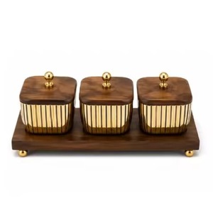 Solid Wood Trio Covered Canister Set Wrought Iron Leaf Basket Stand <b>Tabletop</b> Food Presentation Container Arabic Dates Bowls - Product Image 6
