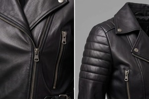 <b>Womens</b> Black Cropped Lambskin <b>Leather</b> <b>Moto</b> <b>Jacket</b> Quilted Shoulders Asymmetrical Zip - Product Image 4