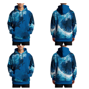 เสื้อฮู้ดดี้สีน้ำเงินรอยัลสำหรับผู้ชาย พิมพ์ลายคลื่นดิจิทัล ทรงโอเวอร์ไซส์ สไตล์สตรีทแวร์ เสื้อสเวตเชิ้ต - Product Image 2