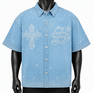 Custom <b>Men</b> <b>Blue</b> Rhinestone Denim Shirts Wholesale Oversized Short Sleeve Gothic Cross Diamond Button Up Summer Streetwear Tops - Product Image 4