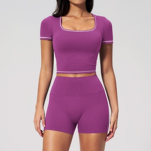 Yoga <b>Set</b> 2 Piece High Waist Crop Top Shorts Solid Color Racerback <b>Square</b> Neck Sport Wear for Women - Product Image 5