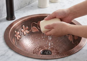 Évier de cuisine rond en cuivre fait main élégant avec motif floral, finition mate, à poser sur le comptoir, à cuve unique, style rustique - Product Image 5