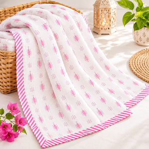 Acogedora Manta de Algodón Ligero Dohar con Ribete Rosa, Tejido Suave y Transpirable para un Dormitorio y Hogar Confortables - Product Image 1