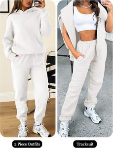 <b>Women</b> <b>White</b> Hooded Sweatshirt Tracksuit Set Casual Regular Fit Full Length Solid Color Cotton <b>Joggers</b> Side Pockets Winter - Product Image 6