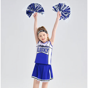 Lucky <b>Cheerleading</b> Uniform Blue White Skirt Style Children's <b>Costume</b> With Pom Poms - Product Image 5