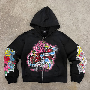 <b>Pink</b> Yellow Black Floral Print Nylon Hooded Windbreaker Set Oversized Zipper Nylon Unisex Adult All Seasons Fleece Outfit - Product Image 2