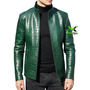 VANTEX SPORTS Men's Brown Croc Embossed Genuine Canvas Motorcycle <b>Jacket</b> Stand Collar Breathable Fabric <b>Sheep</b> Lining Snake <b>Skin</b> - Product Image 5