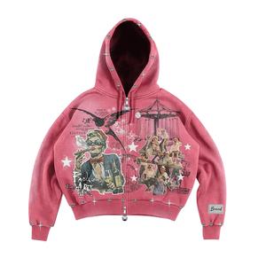 Sweat à capuche en molleton French Terry, coupe ample, entièrement personnalisé, rouge rose vintage, avec fermeture éclair, clous en strass et cristaux, imprimé graphique DTG - Product Image 2