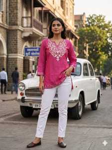 <b>Indian</b> Trendy Blue Embroidered Cotton TunicWith White Pants Traditional <b>Indian</b> Casual Wear Regular Fit All Seasons Style <b>Top</b> - Product Image 2