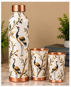 Handcrafted Copper <b>Water</b> <b>Bottle</b> with Two Cups Floral Pattern Portable <b>Metal</b> Flask Set - Product Image 3