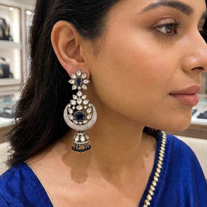 Gold Plated Brass Chandelier <b>Earrings</b> with Pearl and Stone Detailing - Product Image 4