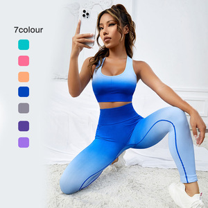 Conjunto de Yoga de Color Contrastante, Leggings de Cintura Alta, Sujetador Deportivo con Escote Redondo, 2 Piezas, Ropa Deportiva sin Costuras de Longitud Completa, Conjuntos para Gimnasio - Product Image 3